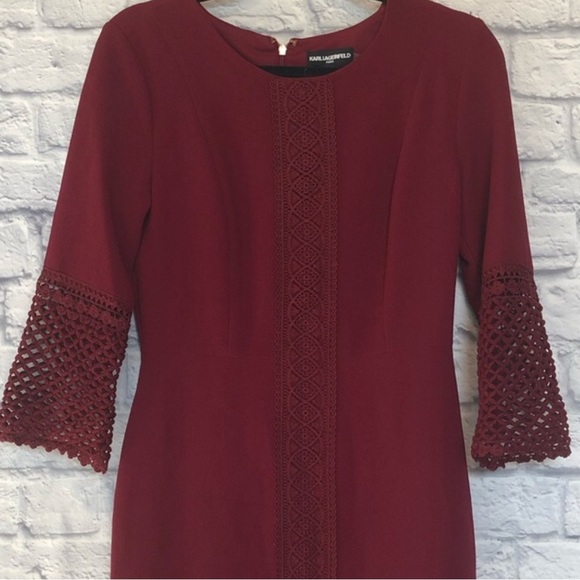 Karl Lagerfeld Wine Red Eyelet Detailed Lined Sheath Dress - Picture 4 of 13